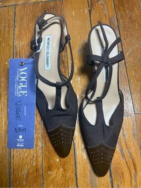 Manolo Blahnik Black Pointed Slingback Heels with Studded Toe Cap